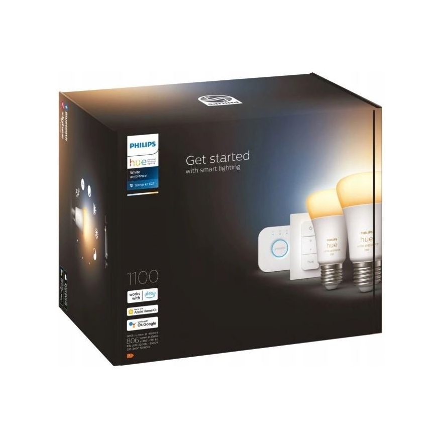 Základní sada Philips Hue WHITE AMBIANCE 2xE27/8W/230V + Hue bridge a dimmer switch