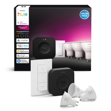 Základní sada Philips Hue WHITE AND COLOR AMBIANCE 3xGU10/4,2W 2000-6500K + Hue bridge a dimmer switch