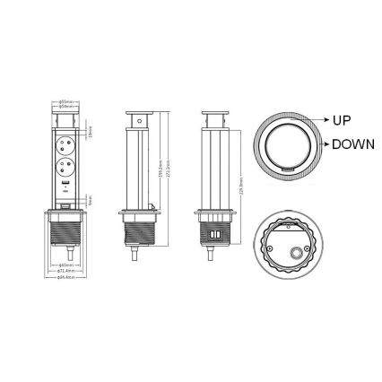 Zásuvkový sloupek pro desku stolu 2x230V + USB-A + USB-C