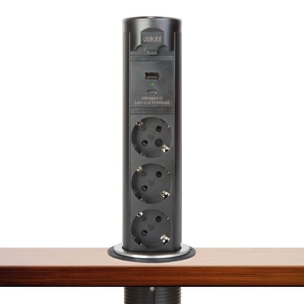Zásuvkový sloupek pro desku stolu 3x230V + USB-A + USB-C černá