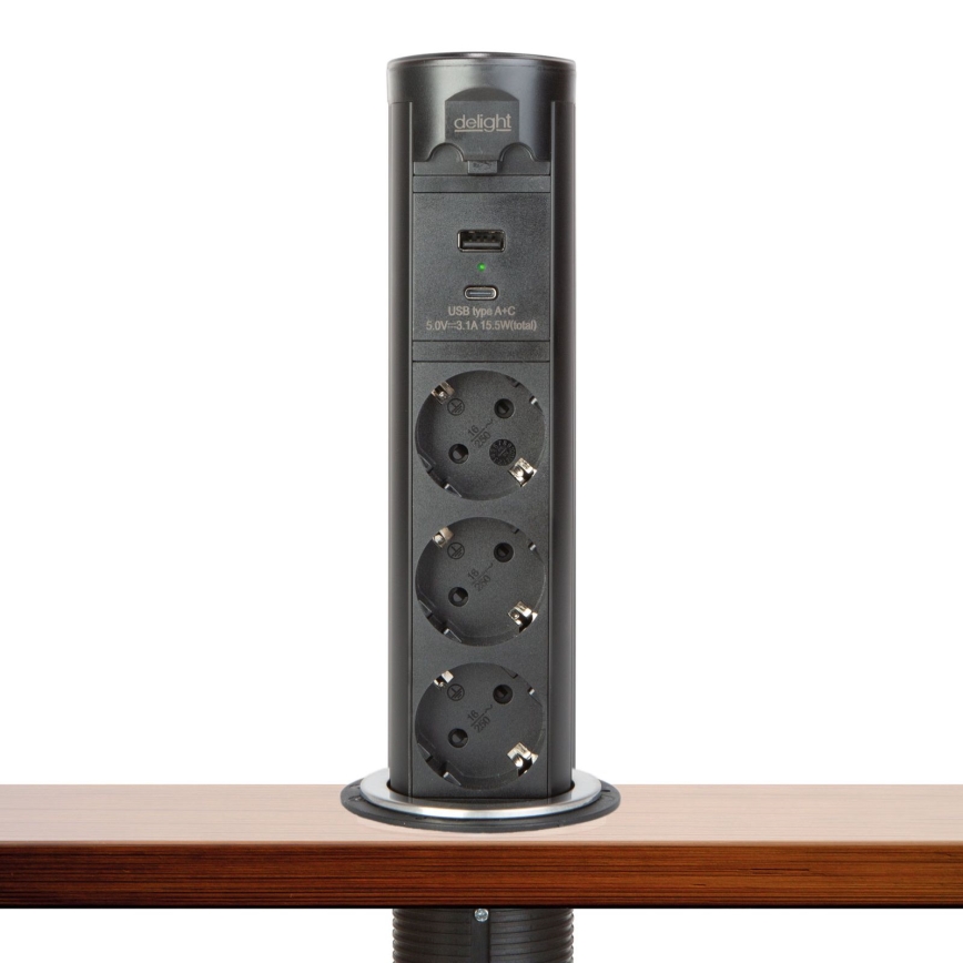 Zásuvkový sloupek pro desku stolu 3x230V + USB-A + USB-C černá