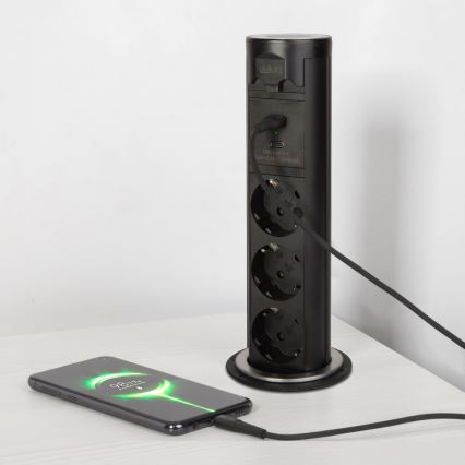 Zásuvkový sloupek pro desku stolu 3x230V + USB-A + USB-C černá