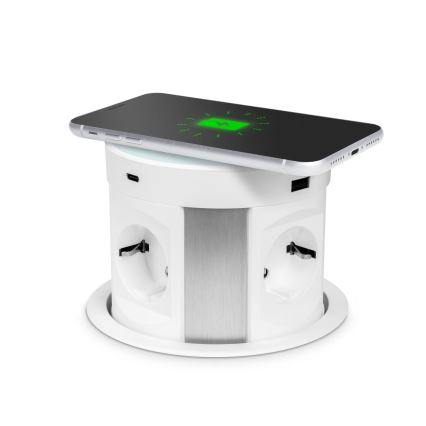 Zásuvkový sloupek pro desku stolu s bezdrátovým nabíjením 4x230V + 2xUSB-A + 2xUBS-C bílá