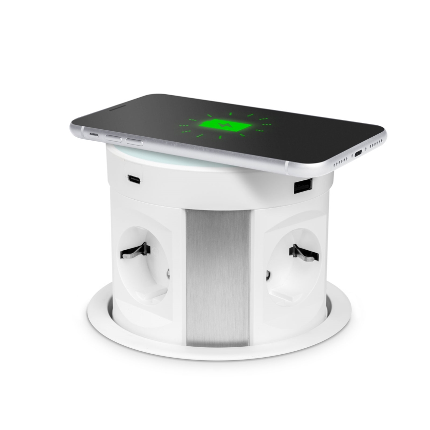 Zásuvkový sloupek pro desku stolu s bezdrátovým nabíjením 4x230V + 2xUSB-A + 2xUBS-C bílá