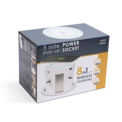 Zásuvkový sloupek pro desku stolu s bezdrátovým nabíjením 4x230V + 2xUSB-A + 2xUBS-C bílá