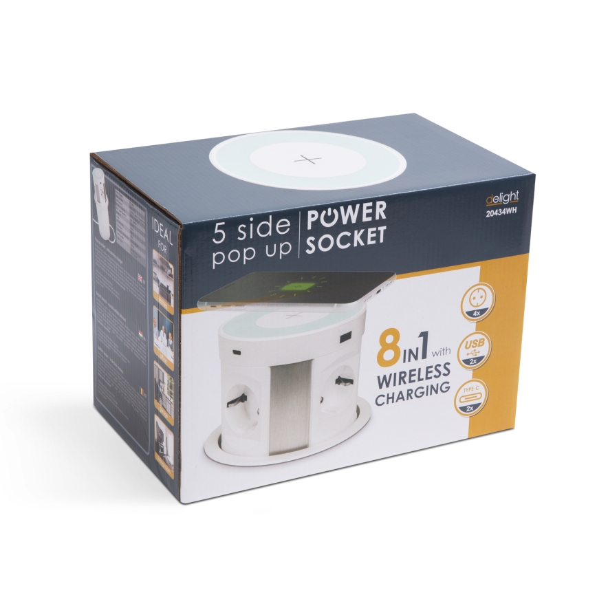 Zásuvkový sloupek pro desku stolu s bezdrátovým nabíjením 4x230V + 2xUSB-A + 2xUBS-C bílá