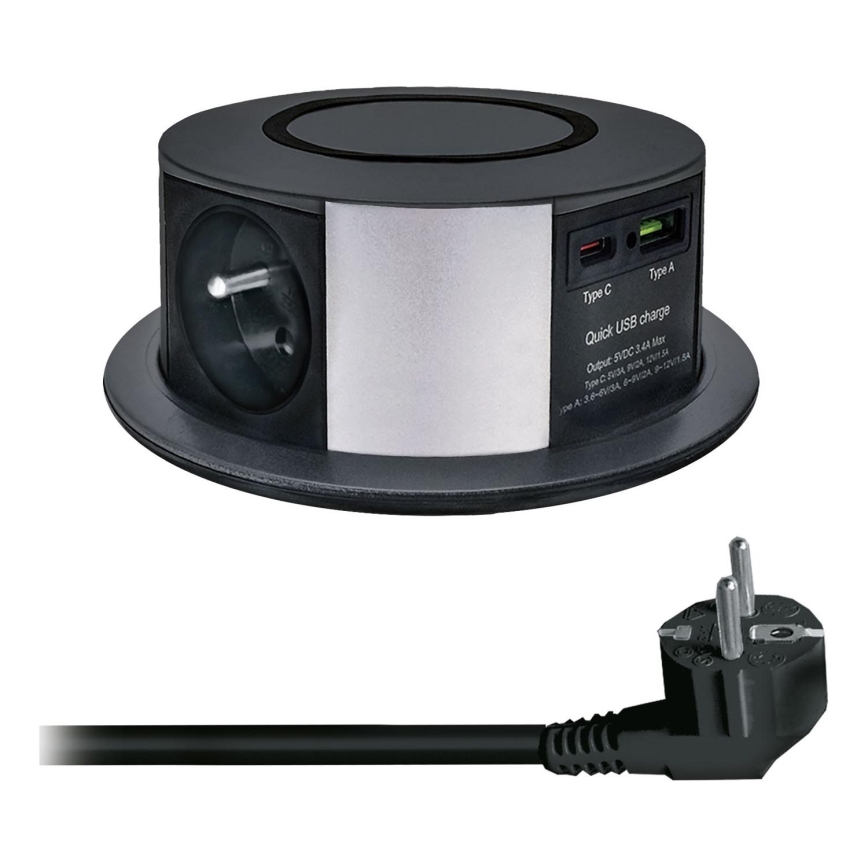 Zásuvkový sloupek pro desku stolu s bezdrátovým nabíjením Qi 3x230V + 1xUSB-A + 1xUSB-C černá/stříbrná