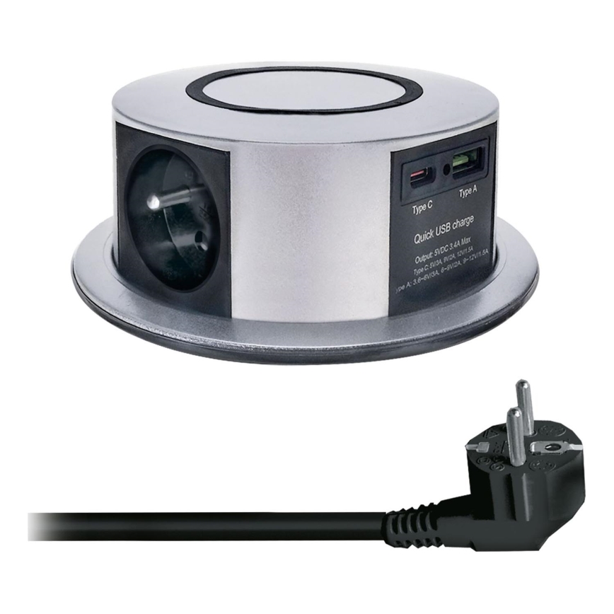 Zásuvkový sloupek pro desku stolu s bezdrátovým nabíjením Qi 3x230V + 1xUSB-A + 1xUSB-C stříbrná/černá