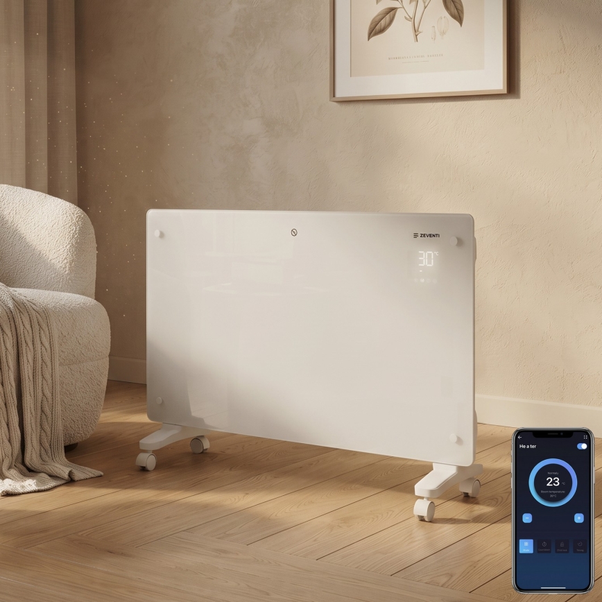 ZEVENTI - Chytrý nástěnný elektrický přímotop/konvektor s LCD displejem 1000/2000W/230V Wi-Fi bílá