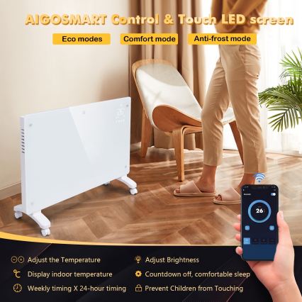 ZEVENTI - Chytrý nástěnný elektrický přímotop/konvektor s LCD displejem 1000/2000W/230V Wi-Fi bílá