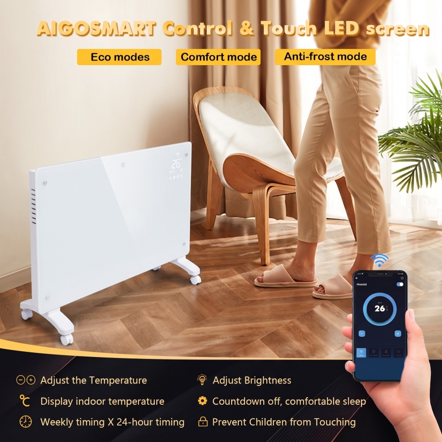 ZEVENTI - Chytrý nástěnný elektrický přímotop/konvektor s LCD displejem 1000/2000W/230V Wi-Fi bílá