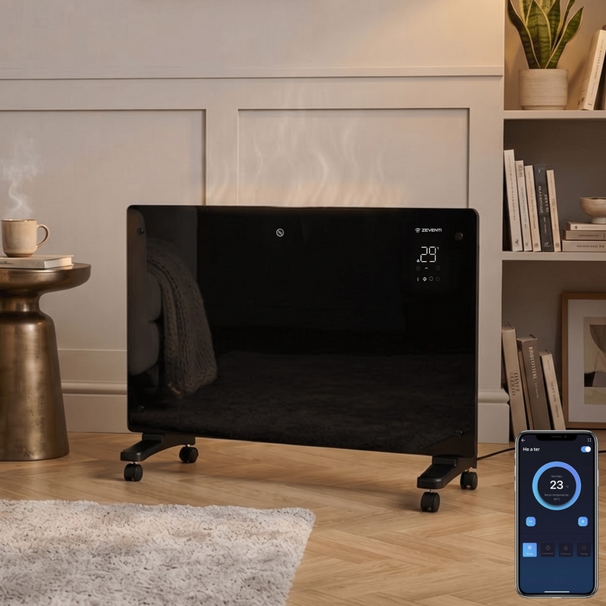 ZEVENTI - Chytrý nástěnný elektrický přímotop/konvektor s LCD displejem 1000/2000W/230V Wi-Fi černá