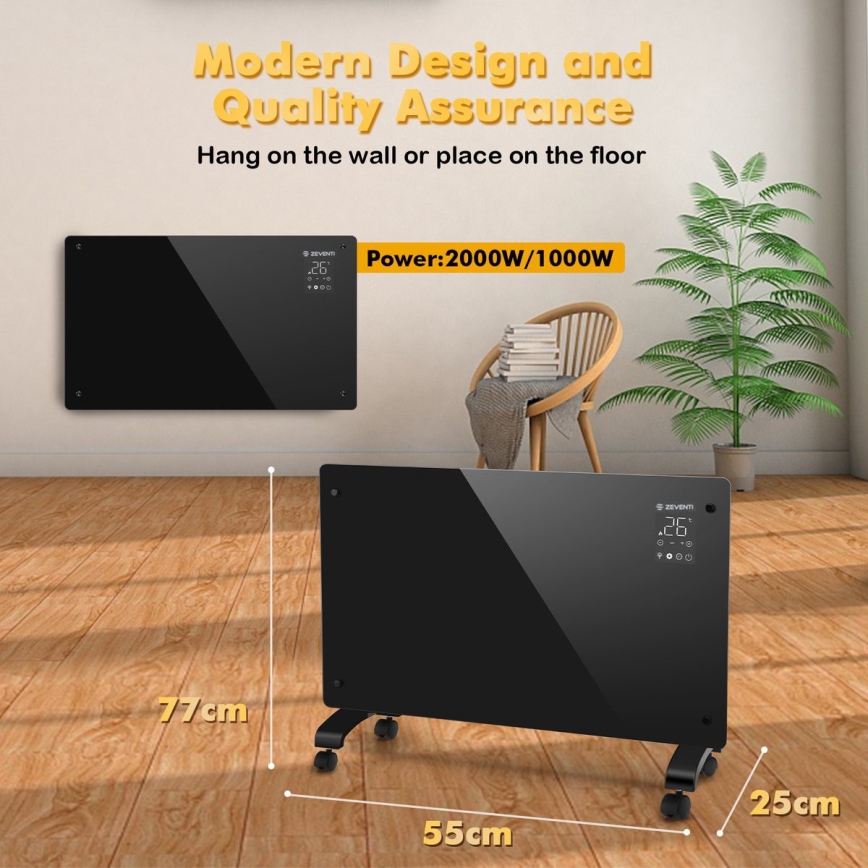 ZEVENTI - Chytrý nástěnný elektrický přímotop/konvektor s LCD displejem 1000/2000W/230V Wi-Fi černá