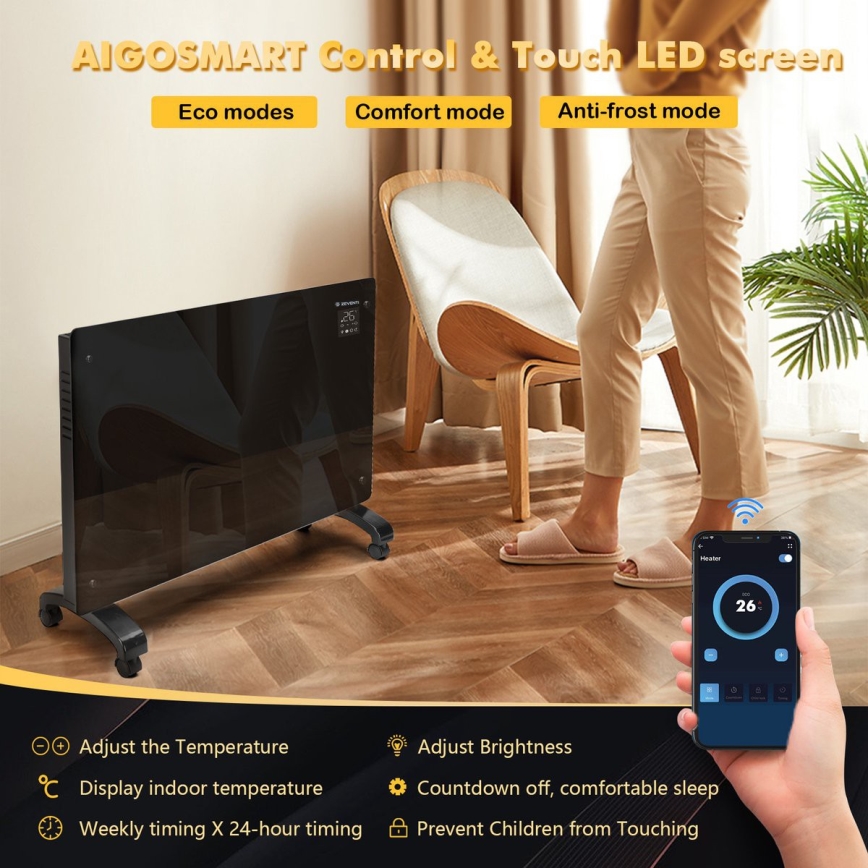 ZEVENTI - Chytrý nástěnný elektrický přímotop/konvektor s LCD displejem 1000/2000W/230V Wi-Fi černá