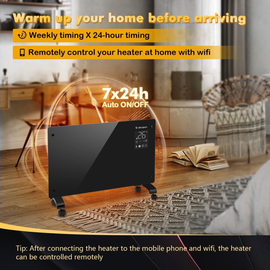 ZEVENTI - Chytrý nástěnný elektrický přímotop/konvektor s LCD displejem 1000/2000W/230V Wi-Fi černá