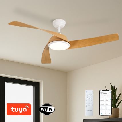 ZEVENTI - LED Stmívatelný stropní ventilátor AERYS LED/24W/230V 3000/4000/6000K Wi-Fi Tuya bílá/dub + dálkové ovládání