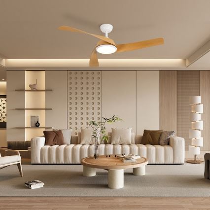 ZEVENTI - LED Stmívatelný stropní ventilátor AERYS LED/24W/230V 3000/4000/6000K Wi-Fi Tuya bílá/dub + dálkové ovládání