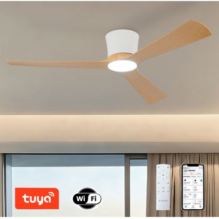 ZEVENTI - LED Stmívatelný stropní ventilátor AUREX LED/24W/230V 3000/4000/6000K Wi-Fi Tuya bílá/dub + dálkové ovládání