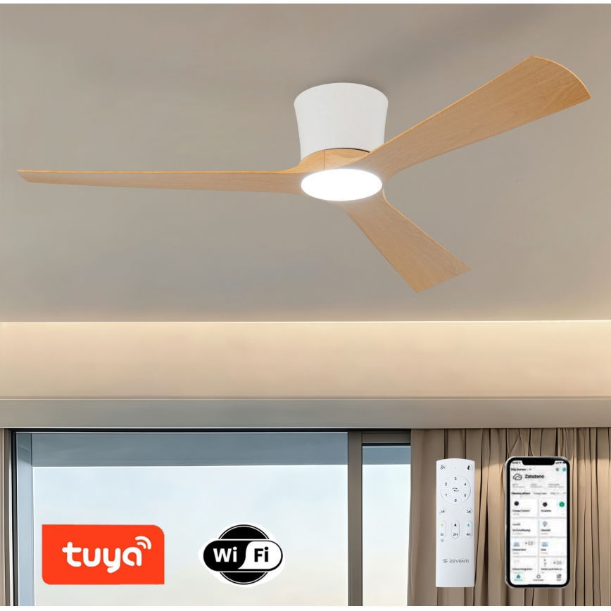 ZEVENTI - LED Stmívatelný stropní ventilátor AUREX LED/24W/230V 3000/4000/6000K Wi-Fi Tuya bílá/dub + dálkové ovládání