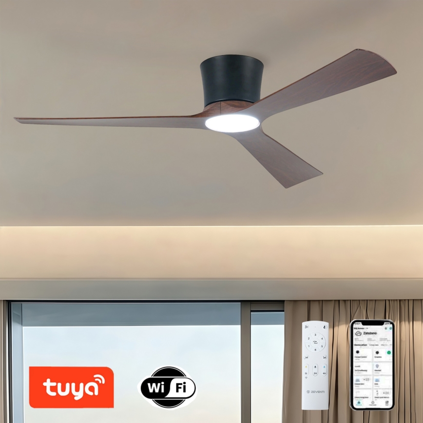 ZEVENTI - LED Stmívatelný stropní ventilátor AUREX LED/24W/230V 3000/4000/6000K Wi-Fi Tuya černá/ořech + dálkové ovládání