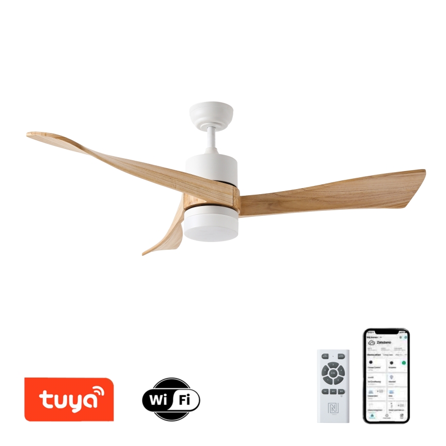 ZEVENTI - LED Stmívatelný stropní ventilátor NATURITO LED/18W/230V 3000-6000K Wi-Fi Tuya bílá/dub + dálkové ovládání