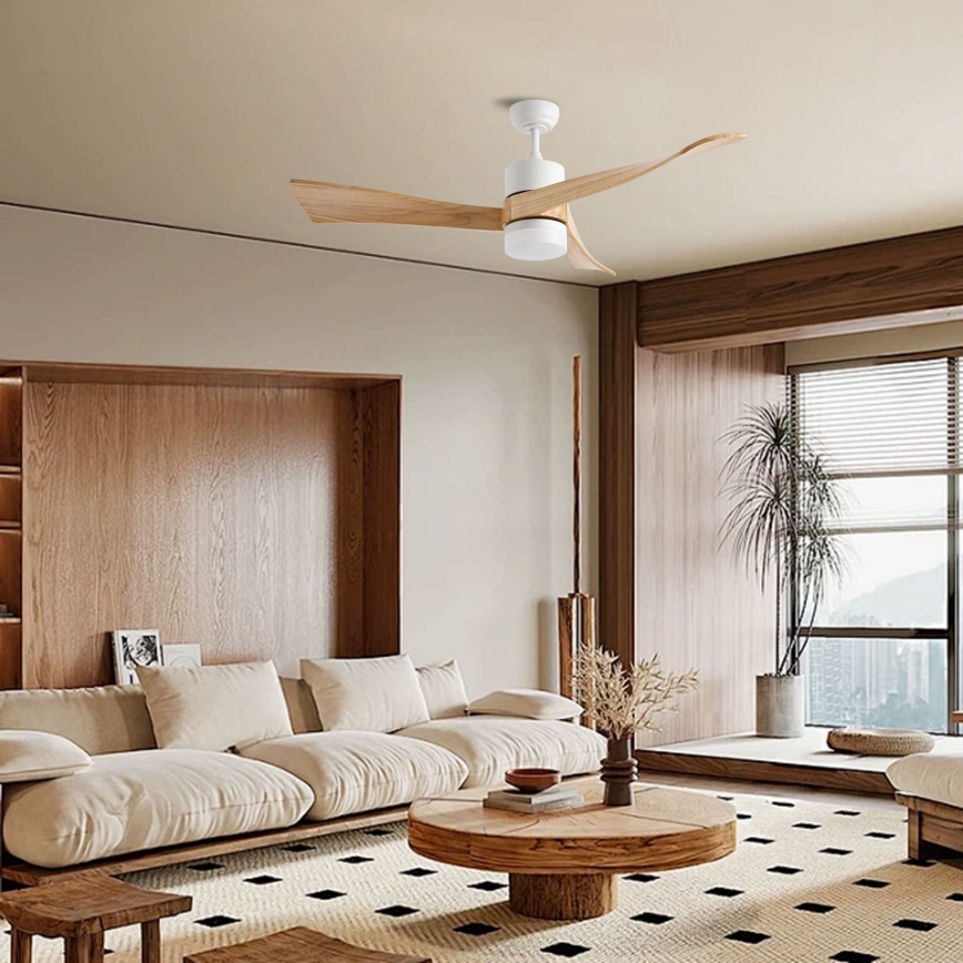 ZEVENTI - LED Stmívatelný stropní ventilátor NATURITO LED/18W/230V 3000-6000K Wi-Fi Tuya bílá/dub + dálkové ovládání