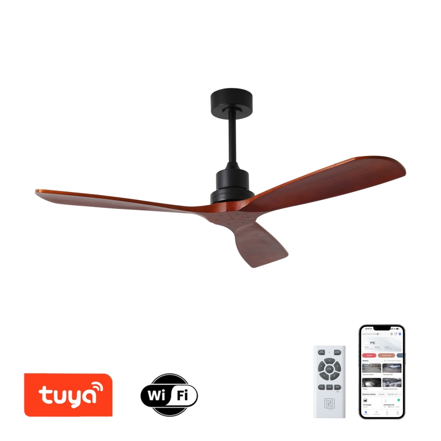 ZEVENTI - Stropní ventilátor LIONI Wi-Fi Tuya černá/dub + dálkové ovládání